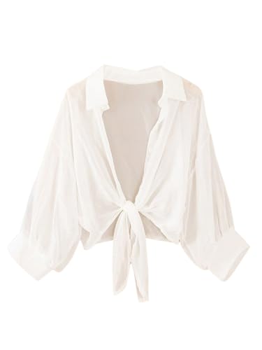 Women's Plus Size Knot Front Blouses Sheer Long Sleeve Collared Button Down Shirts Casual Dressy Tops