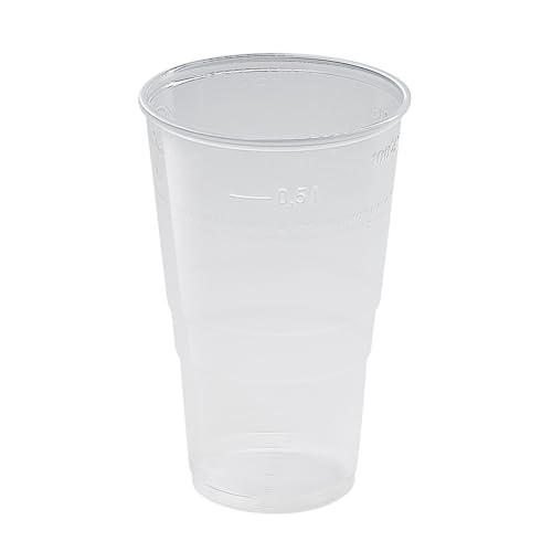 Vasos de plástico LogiPack GeRo: vasos con marca de calibración de 0,5 l | Vasos desechables de plástico duro (PP), transparentes | Vasos para cerveza y fiestas: vasos de plástico, 100 unidades.