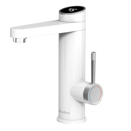 Hot Water Tap Instant Water Faucet,220V Tankless Electric Heater BathroomTaps, 120 Degree Rotate Cold and Hot Water Tap with Digital Display (White)