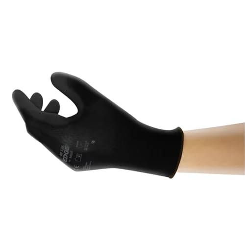 Ansell EDGE 48-126 Abrasion-Resistant Polyester Nitrile Industrial Gloves w/Knitted Liner for Auto, Machinery - Medium (8), Black (1 Pair)