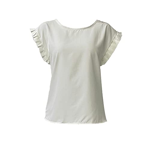 Women Round Neck Tops Casual Ruffle Short Sleeve Top Summer Cute Petal Blouse Top Tees (X-Large,White)