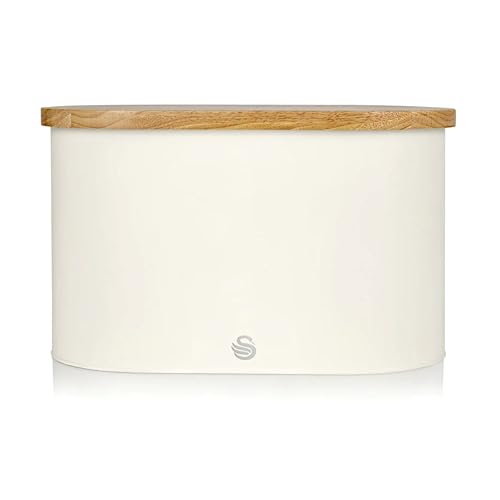 Swan Nordic Oval Bread Bin with Cutting Board Lid, Carbon Steel Body, Airtight Bamboo Lid, White