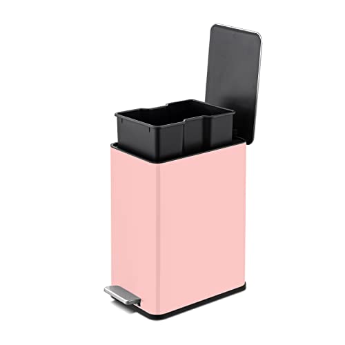 QUALIAZERO 2.6 Gallon / 10 Liter Slim Stainless Steel Step-On Trash Can | Compact, Quiet-Close, Modern Design for Kitchen, Bathroom & Office (Gloss Pink)