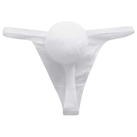 VIccoo Womens Temptation Cosplay Bunny Girl Underwear Removable Rabbit Hair Pompom Ball Tail G-String Low Waist Cotton Solid Color Lolita Thong Briefs - White Cover