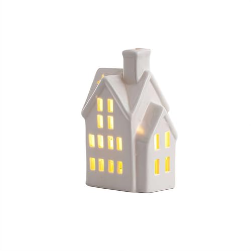 White Christmas Village Houses LED Lighted Ceramic White Small House and Xmas Tree Tabletop Figurines Light Up Christmas Decorations for Home Shelf Cabinet Table Winter Deco