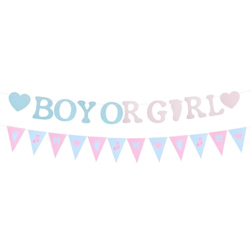 2pcs Boy or Girl Gender Reveal Banner, Pre-Strung Glitter Gender Reveal Banner with Cute Baby Footprints Sock Bow Heart Pattern Pennant for Girl Boy Shower Photo Backdrop Props(Pink & Blue)