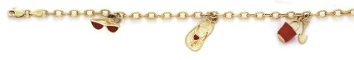 14K Yellow Gold Enamel Charm Pendant Necklace 3 Charms Bracelet 7.25 Inch Jewelry Gifts For Women #TOP27