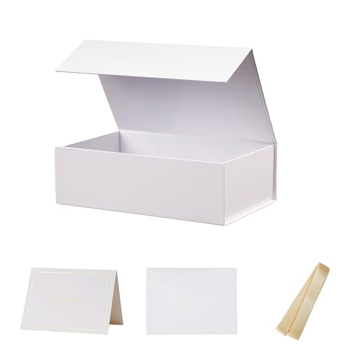 UoeRing 1 Pcs White Gift Box 9.5x6x3 Magnetic Gift Box for Presents with Lids Rectangle Collapsible for Bridesmaid Proposal Box Wedding Christmas Birthday Gift Packging with Ribbon Card Envelope