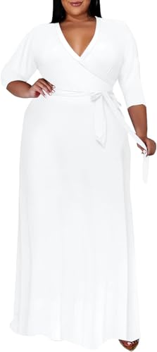 Image of Nmoder Plus Size Maxi Dress for Women - Summer Casual 3 /4 Sleeve Floral Flowy Long Dress with Belt XL- 6XL