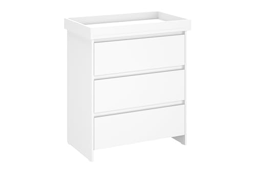 Shefa Kids Wickelkommode Weiß – 3 Schubladen Wickeltisch & Kommode Kinderzimmer, Babyzimmer Komplettset mit abnehmbarem Wickelaufsatz, ergonomische...