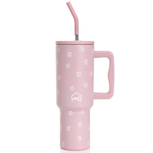 Image of House of Quirk 1200ML Stainless Steel Tumbler with Handle & Lid, 2 Straws - Large Travel Mug Water Cup for Gym, Office & Outdoor Use (Pink Daisy)