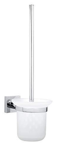 tesa HUKK - Juego de escobillas para inodoro (cristal satinado y acero inoxidable cromado, fijación a la pared, sin taladrar, incluye solución adhesiva, 115 x 390 x 165 mm)