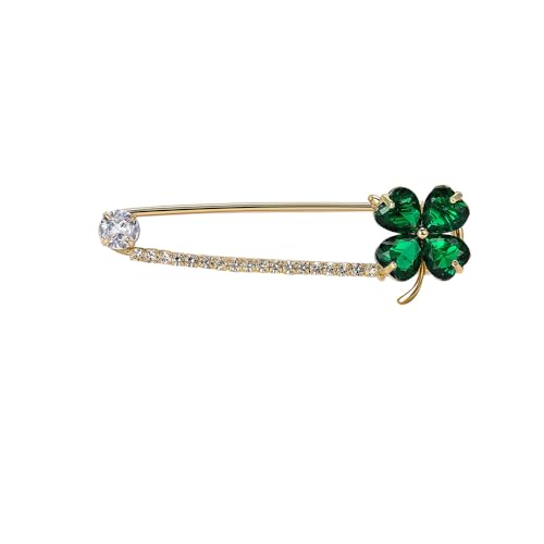 Image of Dainty Clover CZ Brooch Safety Pins Clip Scarf Sweater Shawl Waist Pants Luxury Sparkly Rhinestones Brooches for Collar Dress Skirt Suit Fashion Jewelry for Shamrock Party Birthday 2.2in