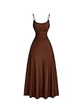 SOLY HUX Women's Sleeveless Cami Dress Spaghetti Strap Ruched A Line Flared Elegant Long Dresses Pure Brown Medium