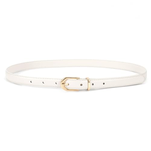 JASGOOD Womens Thin Leather Belt Skinny Faux Leather Belt for Jeans Dress with Gold Alloy Buckle,White,/Fit Waist Size 26-30 inch