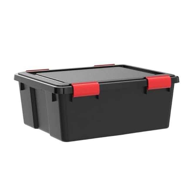 IRIS USA WeatherPro 31 Qt Storage Bins with Lids, 6 Pack, BPA-Free Plastic Gasket Box with Tight Latch and Seal, Stackable Nestable Tote Tub - Black/Red