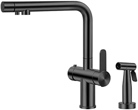 3-Way Kitchen Faucet with Pull-Out Spray - 3 in 1 Drinking Water Mixer Tap for Under-Sink Filter System - Brushed Black Finish Stylish & Functional Kitchen Upgrade
