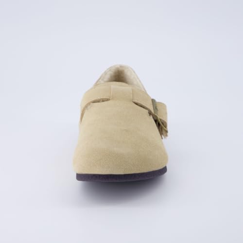 Image of CUSHIONAIRE Women's Nest Genuine Suede Slip-On Shoe with Faux Shearling Lining & Memory Foam | Adjustable Buckle & Non-Slip Sole