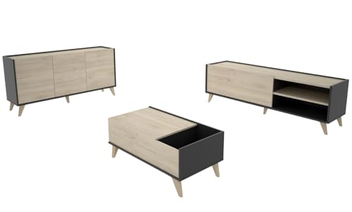 PEGANE Ensemble de Salon en Bois mélaminé avec Meuble Bas TV + Table Basse relevable + Buffet Coloris chêne Naturel, Graphite