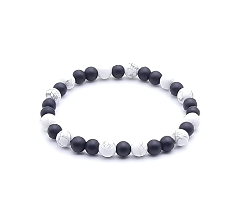 Bracelet Equilibre Emotionnel Agate noire mat et Howlite blanche en Pierres Naturelles | Taille personnalisée de 12 à 22 cm au choix | Perles rondes 6 mm