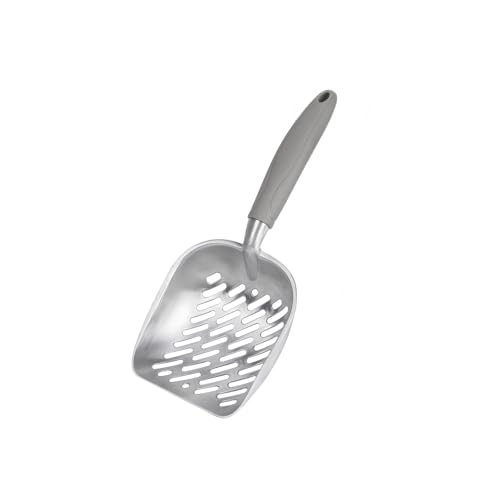 Cat Litter Scoop Litter Box Scooper, Aluminum Alloy Kitten Poop Shovel, Small Metal Sifter with Long Soft Handle, Durable Deep Shovel Pooper Lifter with Holes Non-Stick 10.63