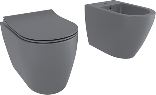 BRICOZONE Coppia Sanitari Filomuro Vaso WC Rimless Senza Brida E Bidet In Ceramica Filo Muro Filo Parete Design Moderno Con Copriwater Chiusura Soft Close Chiusura Rallentata (Grigio opaco)