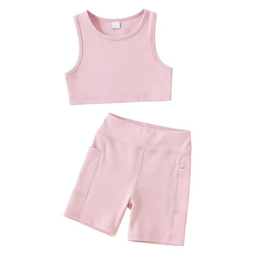 Image of Chichoo Girl's 2 Piece Athletic Outfits Workout Sets Sleeveless Crop Tank Tops and Bike Shorts Gymnastic Yoga Summer Kid 2-6Y
