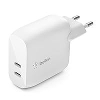 Belkin Caricabatteria da parete USB Type C PD da 40 W (2 porte USB-C, 20 W per porta, ricarica...