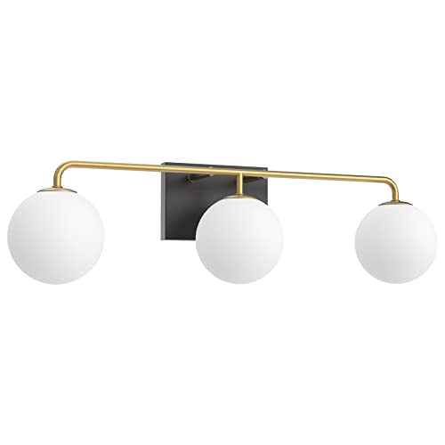 Image of Tipace Mid Century Modern Gold 3-Lights Vanity Light Fixtures with Milky White Glass Ball Shades Industrial Vanity Lighting Over Mirror Wall Sconces for Bathroom Dressing Table Bedroom(Exclude Bulb)