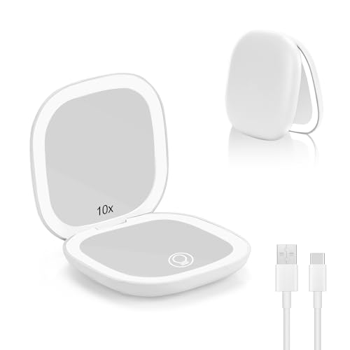 Collazoey LED Specchio Ingranditore, 1X/10X Specchietto da Borsetta, Chargement par USB, 3 Luci Regolabile Portatile Specchio da Viaggio, Interruttore Magnetico Pieghevole Piccolo Mirror (Bianco)