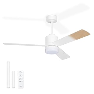 Noaton® Canis blanc/bois naturel Ventilateur de plafond avec lumière et télécommande, 3 pales, silencieux, Ø132 cm, mode hiver-été, moteur DC, 6 vitesses, minuterie, LED dimmable, double hauteur