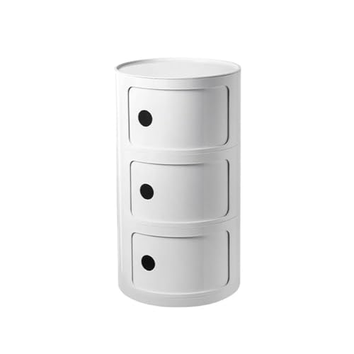 Mesita de Noche Redonda con cajones, mesita pequeña, gabinete Almacenamiento Puerta corredera, Mesa Auxiliar Moderna for Sala Estar, Dormitorio, baño, Oficina(White,3 Layers)