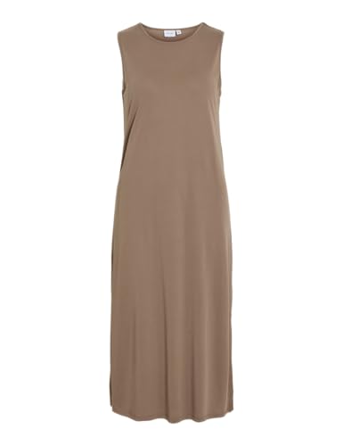Vila Damen Midi Kleid VIModala O-Neck Schlichtes Trägerkleid mit Beinschlitz 14101675 Mountain Trail S