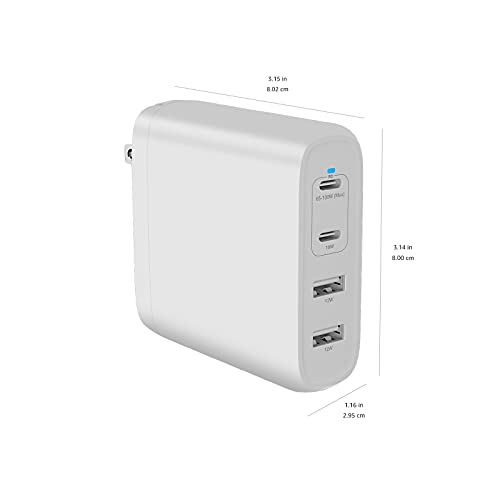 Image of Amazon Basics 100W Four-Port GaN Wall Charger with 2 USB-C (100W, 18W) & 2 USB-A Ports (12W), PD 3.0, Foldable Plug, Portable Multi-Device Charging for Laptops, Tablets & Phones, Non-PPS, White