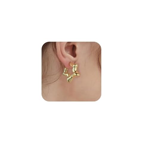 Chunky Star Hoop Earrings for Women, 14k Gold Plated Earrings Gold Star Earrings for Women Trendy Chunky Hoop Earrings Chunky Gold Earrings for Women Chunky Star Earrings for Women Jewelry Gifts Cover
