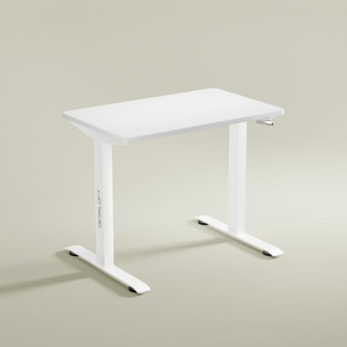 Image of Manual Height Adjustable Desk | Ergonomic Sit Stand Workstation with Walnut Wood Grain Top | Hand Crank Adjustable Computer Table for Home Office (White Frame & White Top, 1200 x 600 mm)