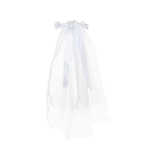 Communion Veil Girls White Floral Wreath Lace Veil (white and bow)2