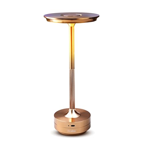 Image of Rosha Zenith Wireless Aluminium LED Table Lamps with Modern Cool Lighting | Upto 13-14 Hrs 2500 mAh Rechargeable Batteries | Touch Dimmer Control | 3 Level Brightness (Gold)