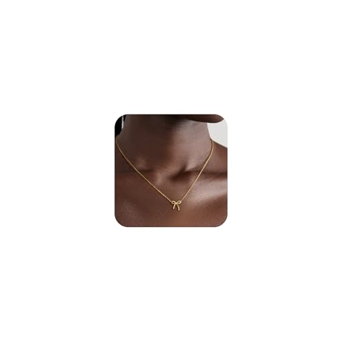 Gold Bow Necklace for Women, 14K Gold Plated Bowknot Pendant Choker Chain Necklace, Small Dainty Beaded Zircon Pearl Bow Necklaces Trendy Jewelry for Women