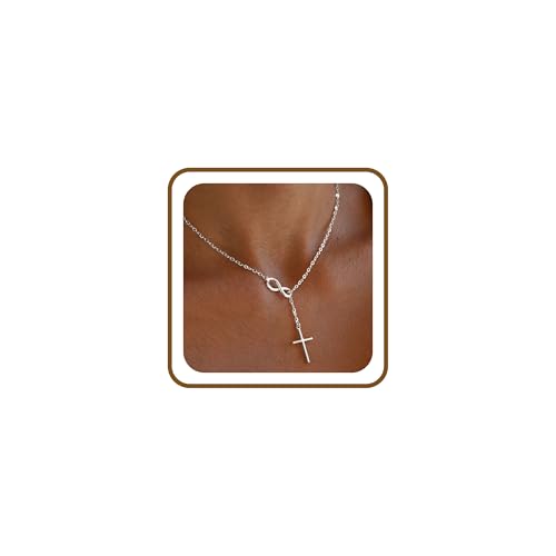 Poxtex Silver Cross Necklace for Women, Waterproof Non Tarnish Infinity Cross Pendant Long Y...