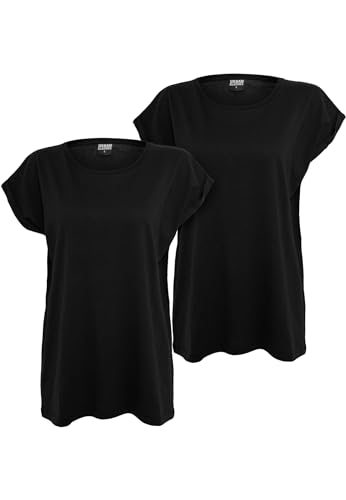 Urban Classics Damen Extended Shoulder Tee 2er Pack – Baumwoll T-Shirt mit überschnittenen Schultern, Loose Fit Basic für Alltag, Freizeit & Streetwear,Black+Black,L