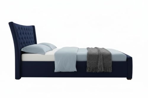 Image of Luxury King Size Upholstered Storage Bed with Diamond Tufted Padded Headboard | Premium Velvet Fabric Platform Bed Frame | Solid Wood Structure | Modern Bedroom Furniture | Navy Blue