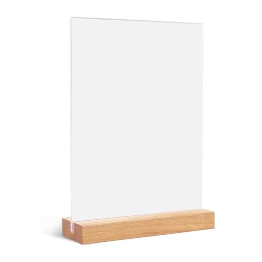 QOCUILC Espositore da Tavolo in Acrilico Trasparente con Base in Legno, 1 Pezzo Porta Menu A5 per Ristoranti, Caffetterie, Uffici,Espositore da Tavolo Elegante e Robusto