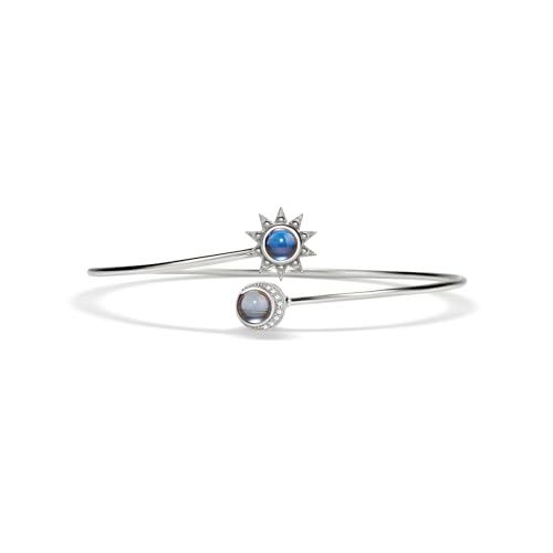 Image of PERIMADE Silver Personalized Double Photo Projection Bracelet Customized Picture Memorial Cuff Bangle, Custom Cubic Zirconia Sun Moon Charm Bracelet Dainty 925 Sterling Silver Jewelry for Women