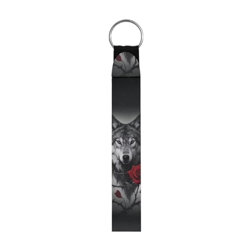 Babrukda Wolf Wristlet Keychain Gothic Strap Key Chain Lanyard Wristlet for Women Red Rose Keys Lanyard for Chapstick Keychain Holder for Shopping Outdoor Travel