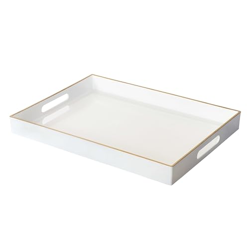 YXZHUOYU White Sturdy Acrylic Serving Tray with Handles-15.7x11.8Inch, Morden Plastic Rectangular Serving Tray for Coffee Table Bathroom, Ottoman, Home Decor