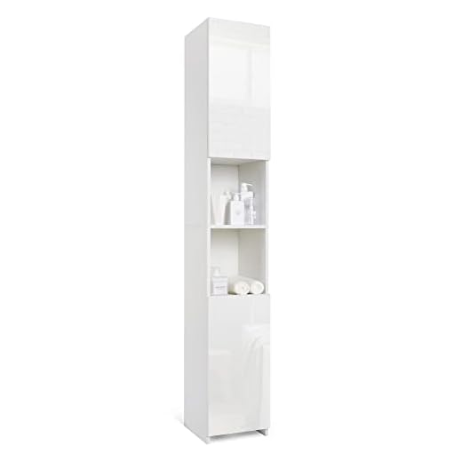 Meerveil - Meuble Colonne de Salle de Bain - Armoire de Rangement avec 2 Portes Brillantes, 6 Étagères Réglables, Moderne, Bois, 30 x 30 x 184cm Blanc