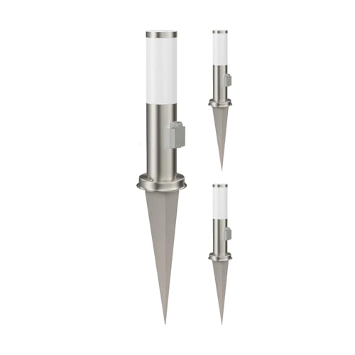 ledscom.de 3 Stück Pollerleuchte PORU mit Erdspieß für außen, edelstahl, rund, 38,5cm, Steckdose
