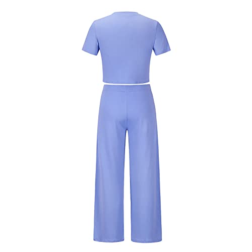 Tuianres Women's Summer 2 Piece Outfits Matching Sweatsuits Lounge Set Short Sleeve Crop Top Wide Leg Pant Set Tracksuits #TOP3
