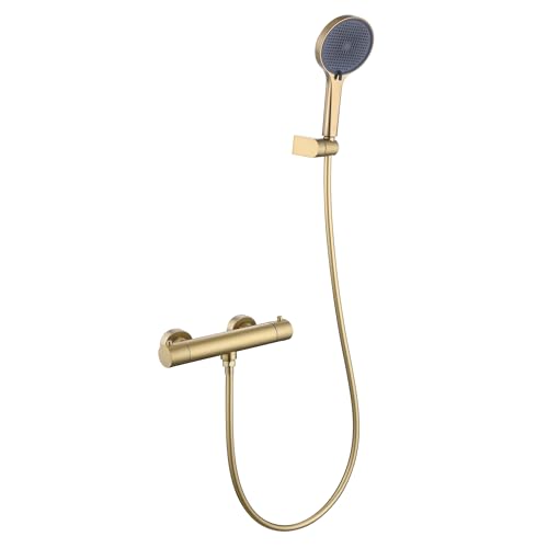 Friota Grifo mezclador termostático dorado con botón de bloqueo de seguridad, barra mezcladora de ducha antiquemaduras de 38 °C, válvula mezcladora de ducha de control de temperatura montada en la